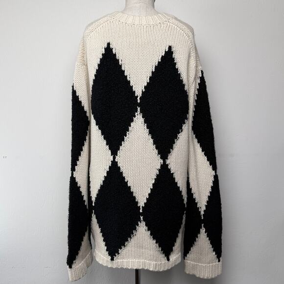 Khaite Valerie Argyle Cashmere Sweater Deep V-Neck Cream Black Oversized Cozy M - Picture 6 of 14